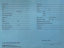 Vehicle Deal Jacket #19 Car Record Envelope 500 Qty