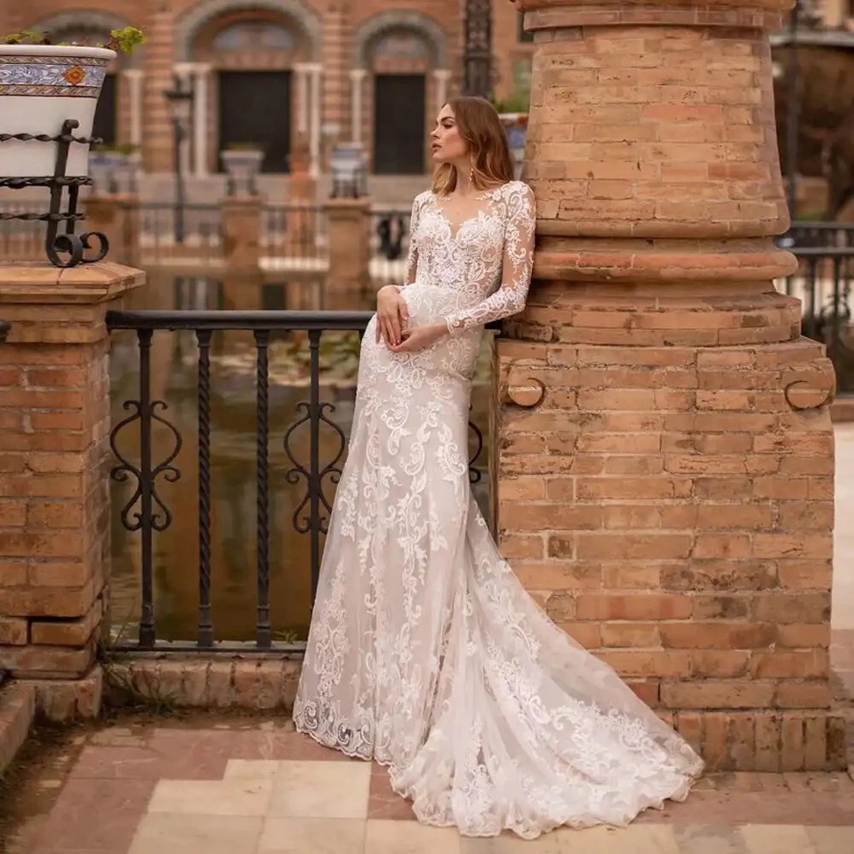 Langarm V-Ausschnitt Appliqué Spitze Meerjungfrau Illusion Brautkleid Hochzeit - Bild 4 von 4