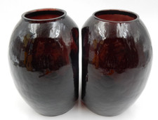 VINTAGE DIAMOND OPTIC DARK AMETHYST GLASS WALL HUGGER ONE FLAT SIDE VASES