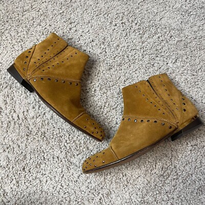 Lanvin Camel Suede Studded Gold Accent Ankle Boots Size 37/6