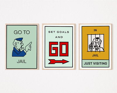Monopoly prints go to jail in jail board game wall art posters set ...