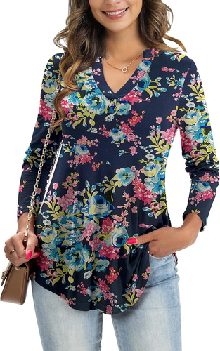 Othyroce Womens Floral Printed Tunic Tops 3/4 Roll Sleeve V Neck Blouses Long Sl