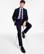  395 Kenneth Cole Navy Blue Plaid Men's Slim Fit Stretch Suit 46R 40W ymy0225