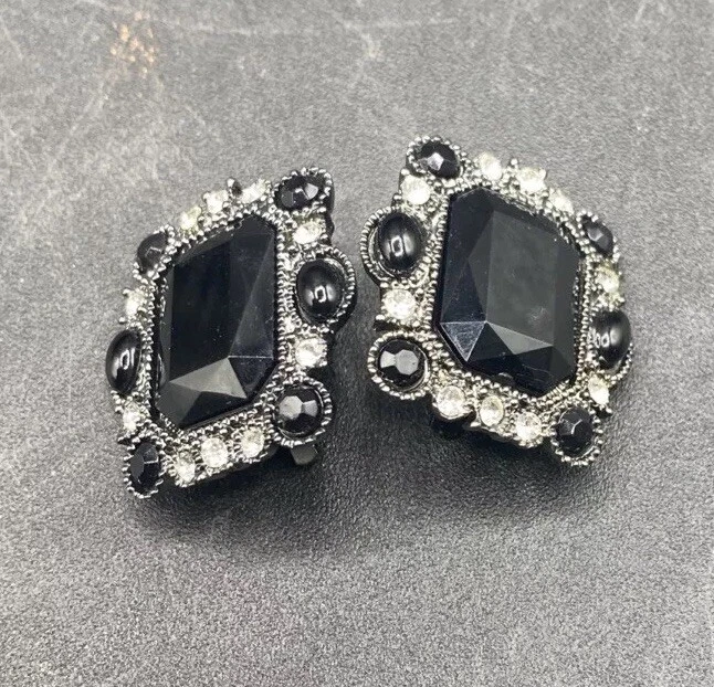 CLIP ON Earrings Vintage Onyx Color Pewter With Crystal Rhinestones Non Pierced - Image 2 of 4