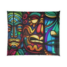 King Size Comforter Hawaiian Tropical Surf Beach Home Decor Floral Tiki Masks