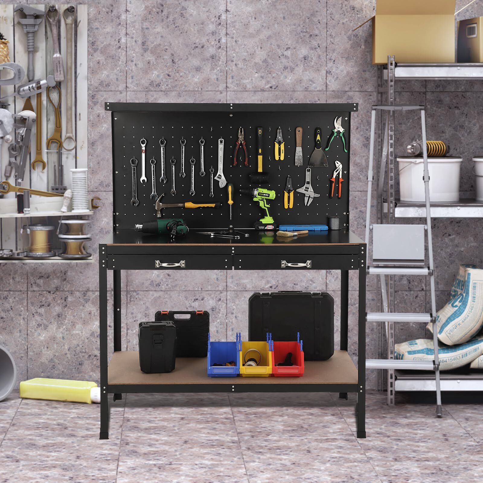 Workbench 48x24" Adjustable Work Bench Table Pegboard w/Power Outlet and Drawers