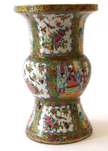 Asian Hand Painted Porcelain Planter big Vase Birds People Flower Rose Medallion