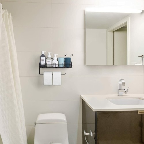 Kitchen Paper Towel Holder Under Cabinet Wall Mount Metal Rack w/ Storage Basket - Picture 4 of 7