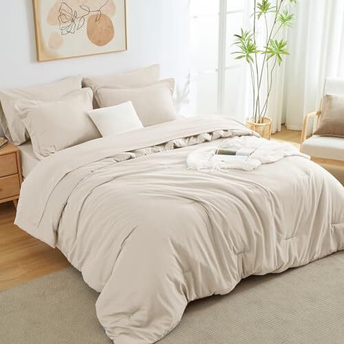 Comforter Set 7 Pieces Bed in a Bag Soft Bedding Comforter Set Queen Beige