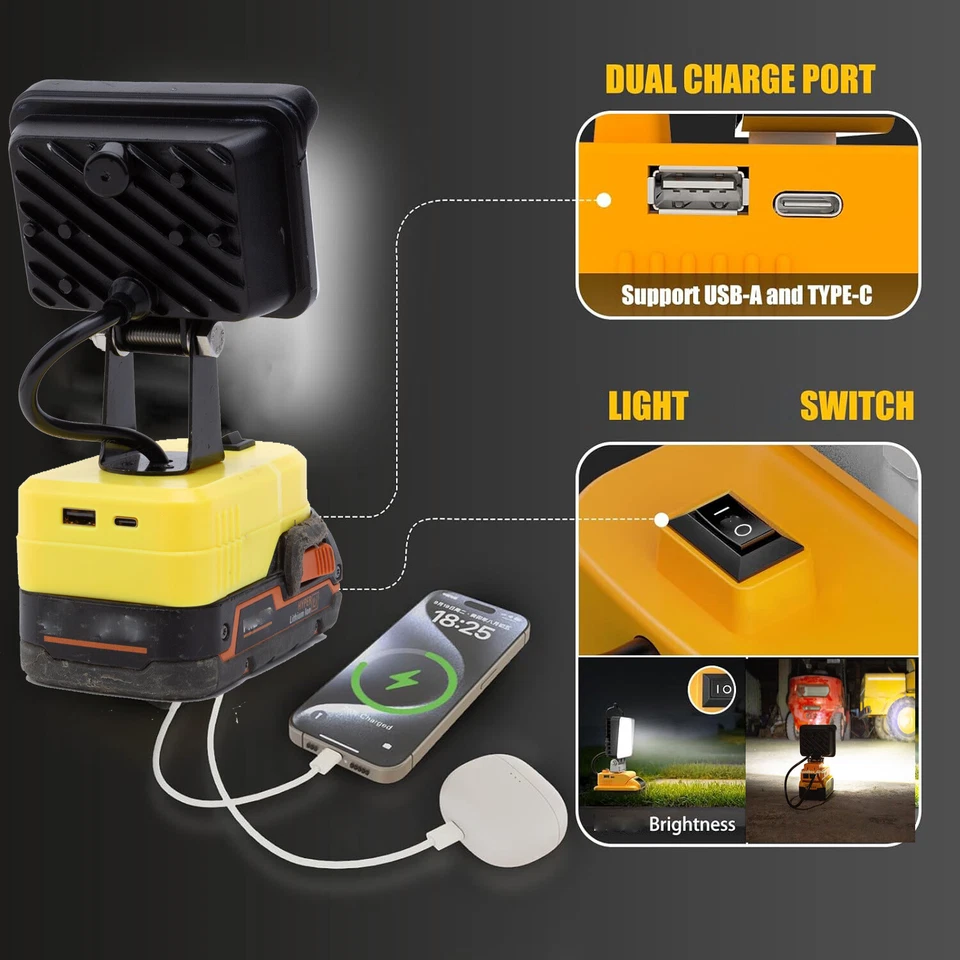 Super-Bright LED Work Light for Ridgid 18V Batteries 2800LM w/FAST CHARGE USB - Image 3 of 4
