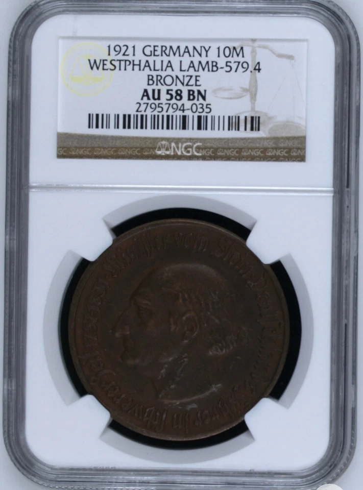 1921 年德国威斯巴利亚兰布-579.4 BRONZE NOTGELD 10 米 — 第 3/4 张图片