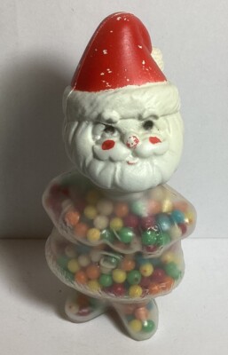 VINTAGE PLASTIC SANTA CLAUS CANDY CONTAINER STILL FULL OF CANDY HONG KONG