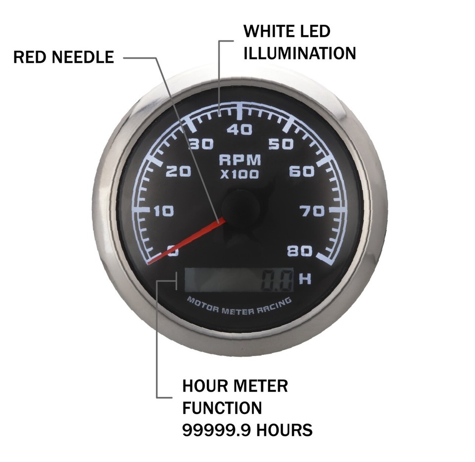 W PRO 85mm Tachometer 8000 RPM Hour Meter Waterproof Car Marine Boat ...