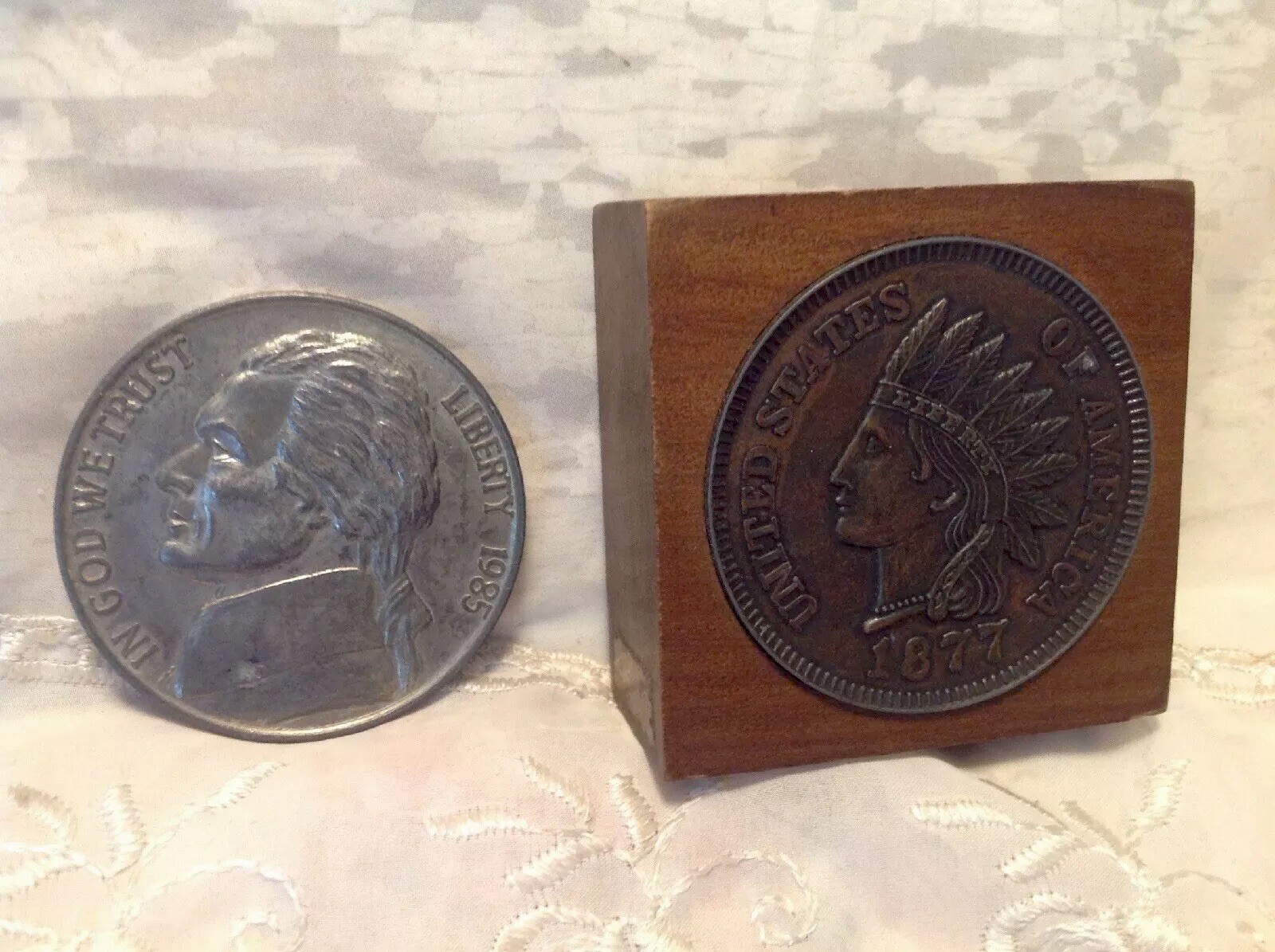 Pair 3" Novelty Coin Paperweights1985 Jefferson Nickel & 1877 Indian