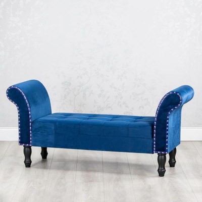 Stunning Blue Velvet Storage Bench With Black Legs And Stud Detail