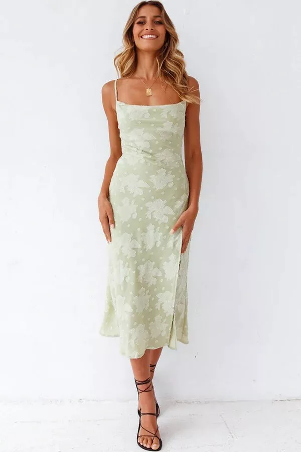 FLORAL COWL NECK HIGH SLIT SLIP MIDI DRESS SAGE GREEN eBay