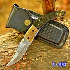 Handmade Damascus Folding Blade Pocket Knife Tactical Ram Horn Handle