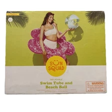 Sun Squad Flower Tube & Beach Ball Set Silver Glitter Pink Pool Float New