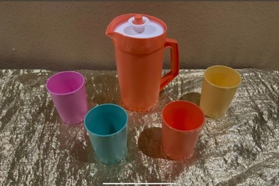 New Tupperware Play Set of Mini Kids Colorful Tumblers has Push Button Pitcher