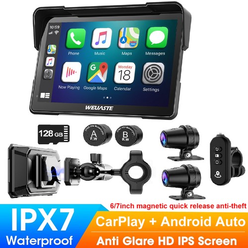 7" Motorcycle Carplay GPS Navi CarPlay & Android Auto Motorbike Dual 2K Dash Cam - Picture 1 of 9