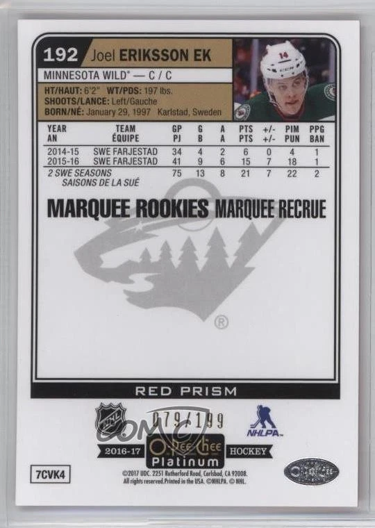 2016 O-Pee-Chee Platinum Marquee Rookies Red Prism Joel Eriksson Ek Rookie RC - Image 2 of 2