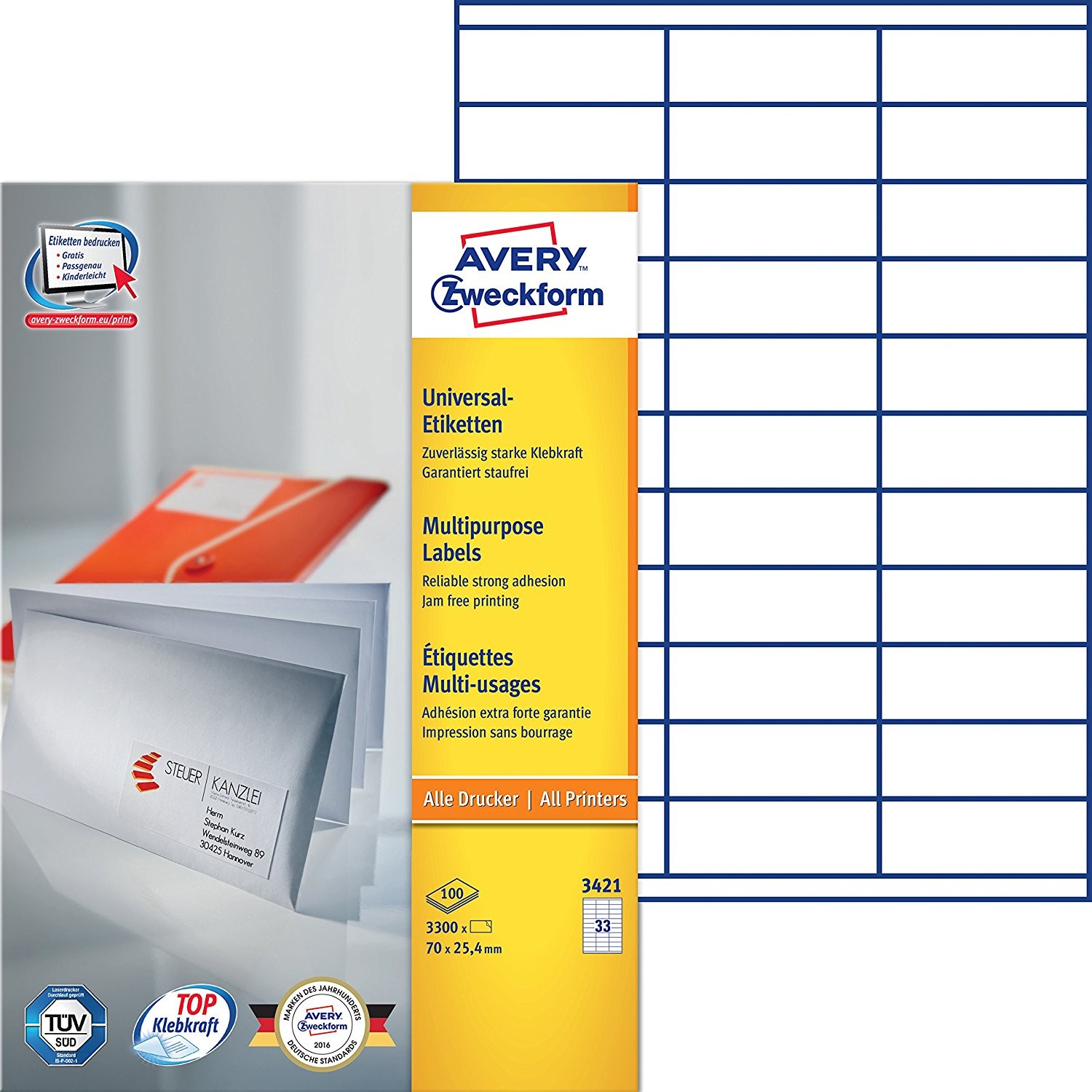 Etiquettes AVERY ZWECKFORM 70x25,4 mm anti-bourrage et adhésif permanent pour imprimante laser