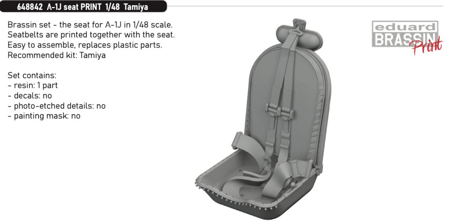Eduard Brassin 648842 1:48 Douglas A-1J Skyraider seat 3D-printed
