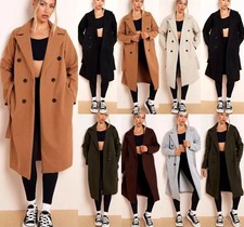 Ladies Double Breasted Thermal Long Coat Tie Waist Jacket with Pockets
