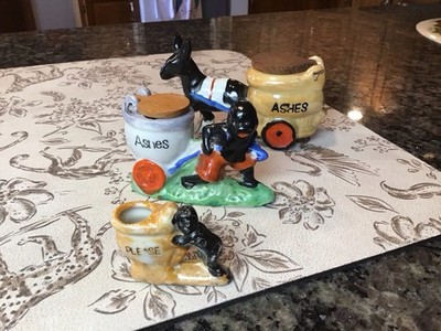 VTG Ceramic Lusterware Toilet Ashtray Toothpick Holder Kewpie Donkey Cart Japan
