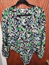 H M Bodysuit Women's Small Multicolor Floral Long Sleeve V Neck Button One Piece