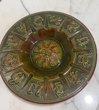 Astrological Sign Ashtray Zodiac Sun Celestial Ceramic Green Gold Mid Century