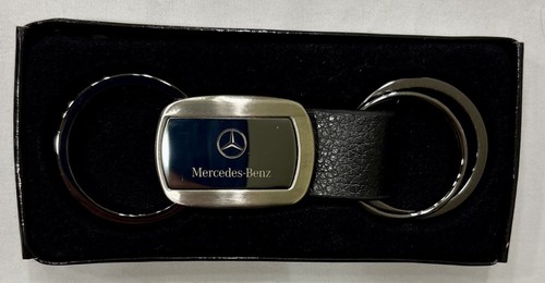 Mercedes Benz Black Leather Chrome Keychain 3 Key Ring New NIB - 第 1/5 張圖片