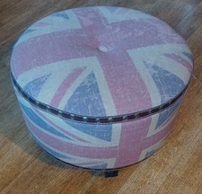 VTG RARE fabric Round Ottoman Foot Stool FADED UNION JACK  11x17" BRASS TACS fa