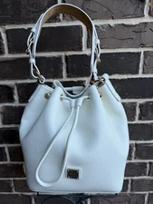 NWT Dooney & Bourke Lucca Pebble Leather Drawstring Shoulder Bucket Bag White LG