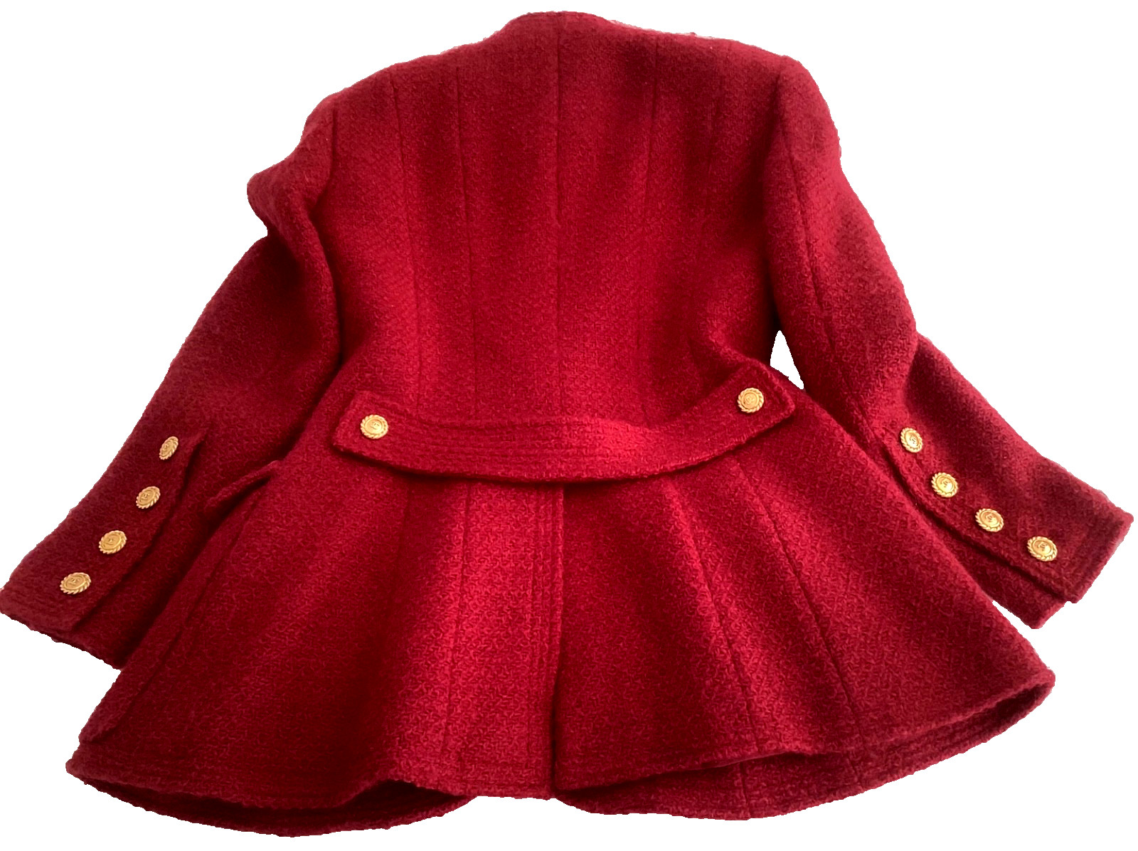 VTG Chanel Boutique F/W 1988 Red Tweed boucle Longline Jacket 24 Gold CC BUTTONS