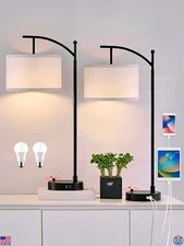 Stylish 23.5" Black Table Lamp Set of 2 with USB C+A Ports & Dimmable LED Bulbs
