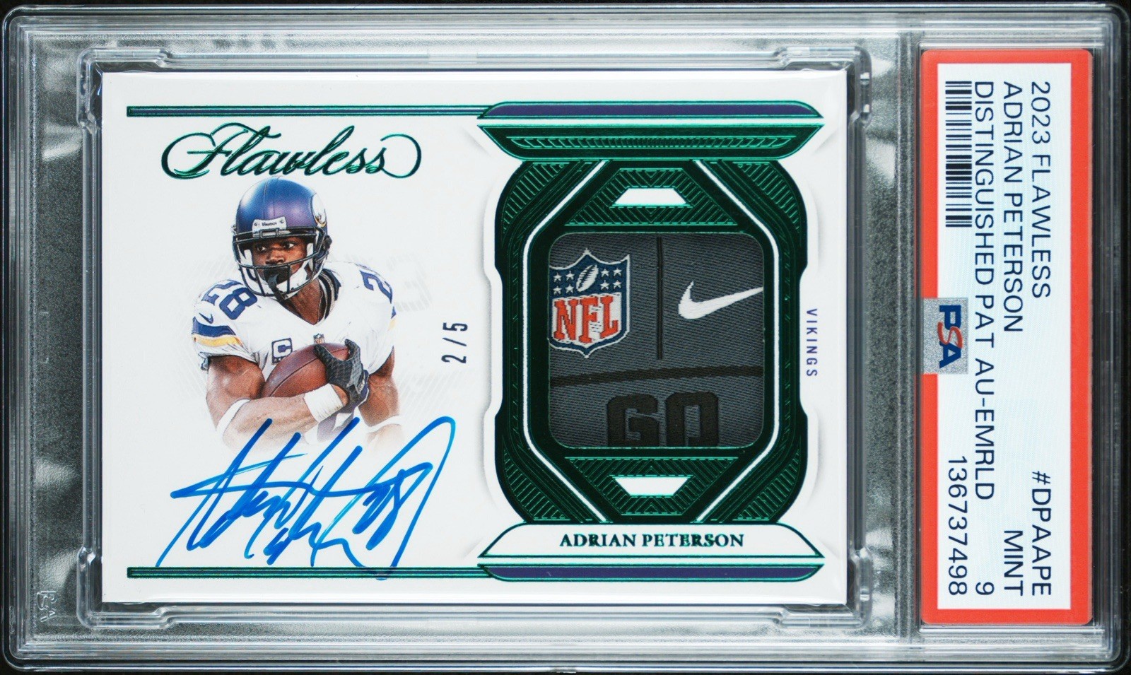 2023 Panini Flawless Adrian Peterson NFL Shield Nike Patch Auto /5 PSA 9 Pop 1/1