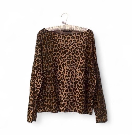 ALLSAINTS Leopard Print Cotton Knit Long Sleeve Boat Neck Top Size S