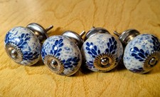 Set Of 4 Ceramic Drawer Cabinet Knobs White With Blue Design - 4 sets available