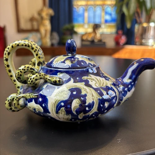 Antique Vtg Faience Majolica Pottery SNAKE Blue Art Teapot cantagalli wardle
