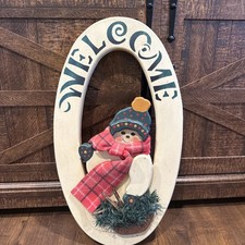 Vintage Wooden Christmas Snowman Wall Handing Welcome Door Hanger Sign Holiday