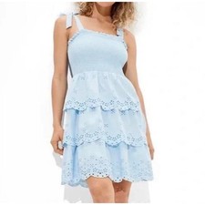 American Eagle Mini Dress Womens Medium Blue Cottagecore Eyelet Smocked Tiered
