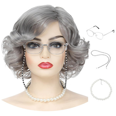 Old Lady Wig, Easy Apply Granny-Themed Short Curly Wig, Gray Short Wavy Glueless