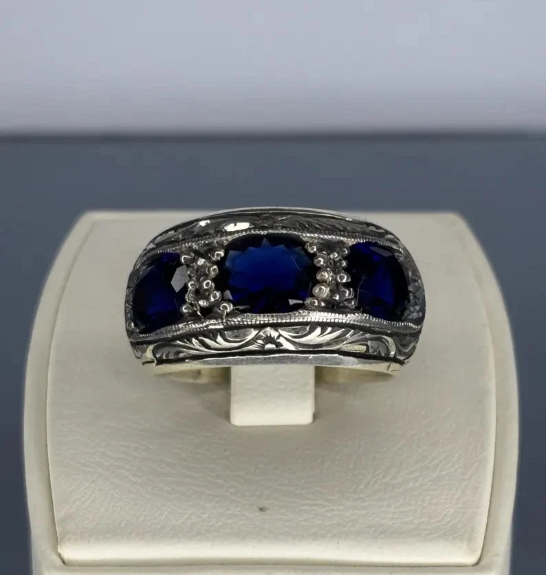 Anel masculino feito à mão de prata esterlina 925: joias vintage azul safira - Imagem 4 de 4