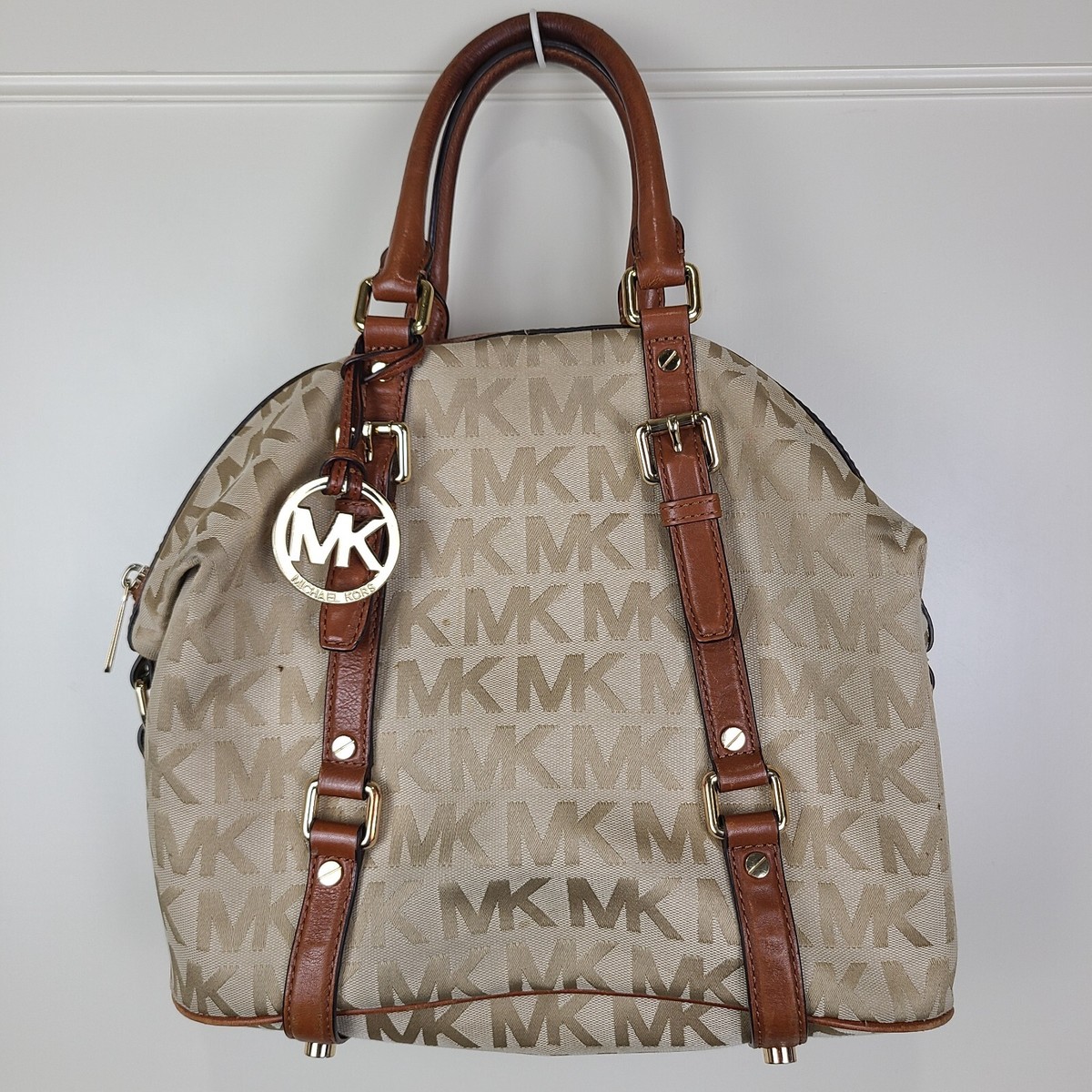 Signature Beige Michael Kors Ginger Large Duffle Satchel Michael