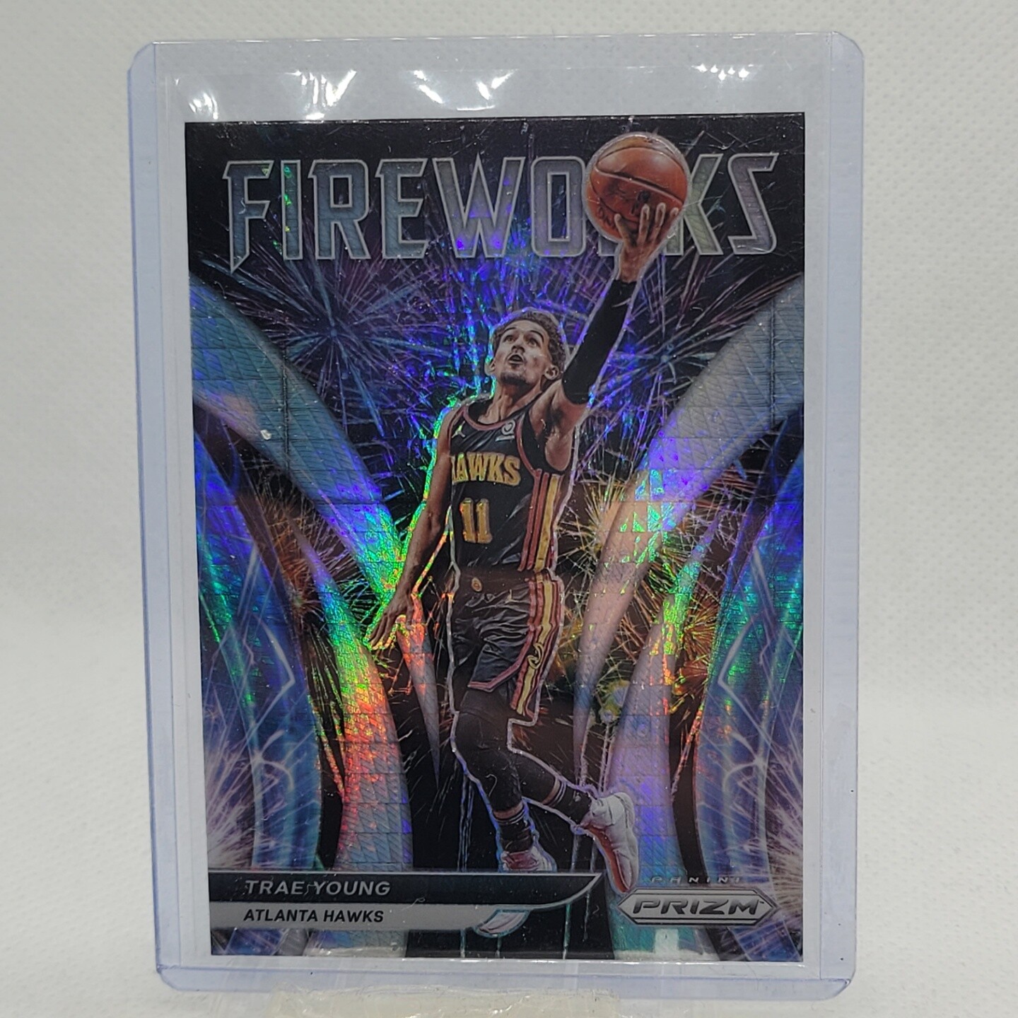 2021-22 Panini Prizm Basketball Trae Young Fireworks Silver Hyper Prizm