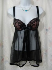 Victoria's Secret Babydoll Slip 36B front-close black pink nightie nwt-vtg-12