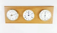 German Staver mahogany mounted barometer, clock & thermometer / hygrometer 