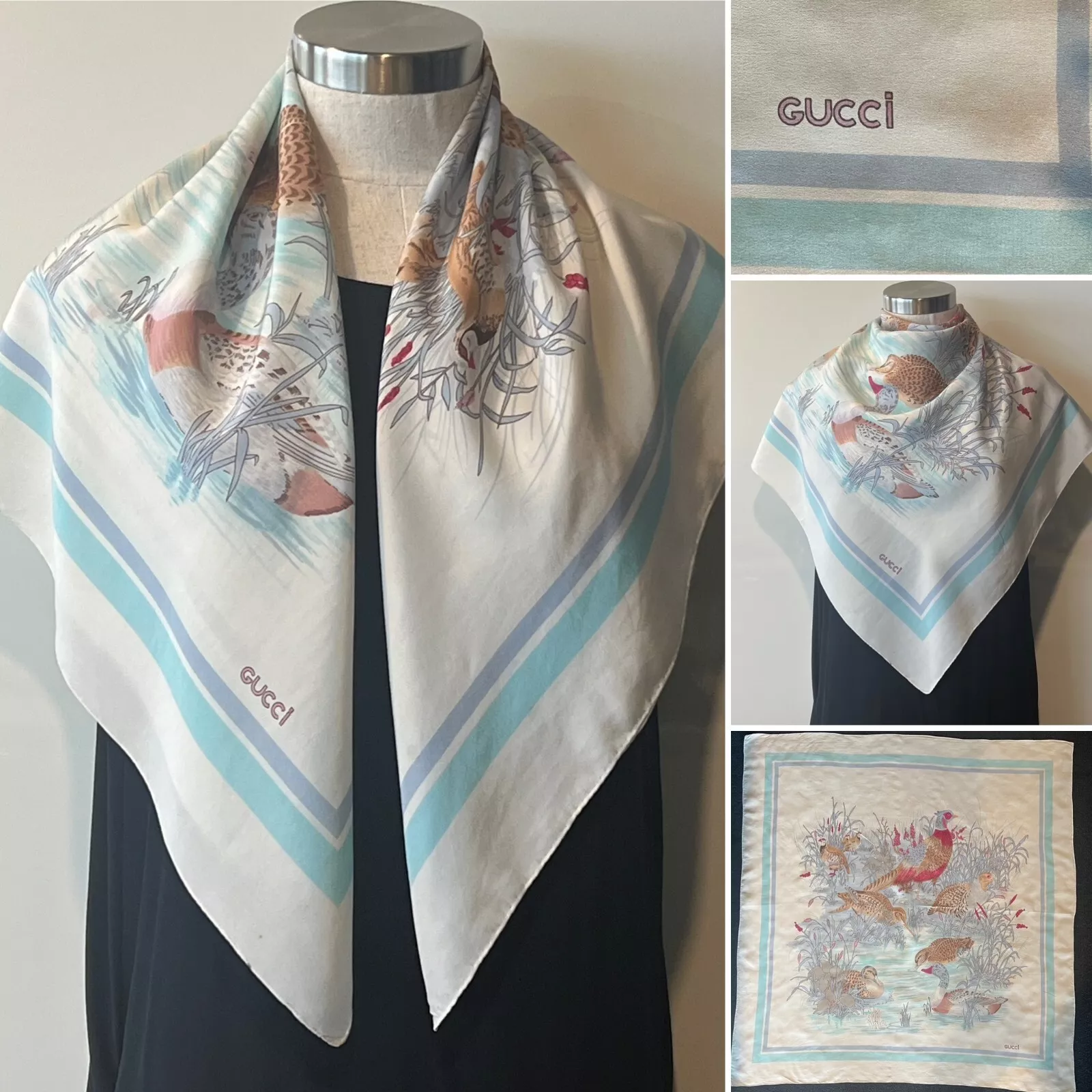 Écharpe GUCCI Italie vintage crêpe en soie de Chine canards sur l'étang 86 x 86 cm rouleau à main