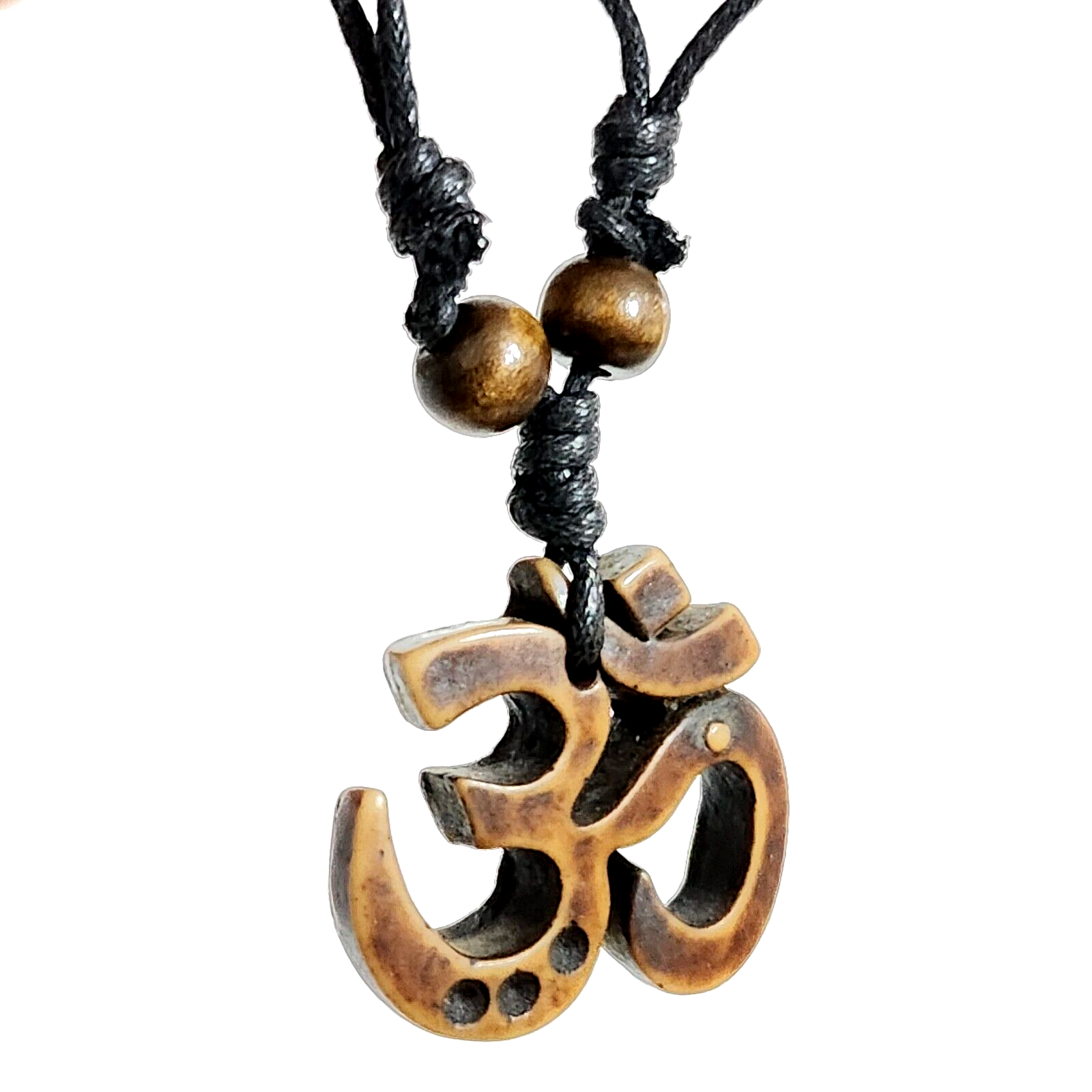 Om Pendant Necklace Carved Yak Aum Buddhist Tibetan Namaste Bead Lace Cord Boho